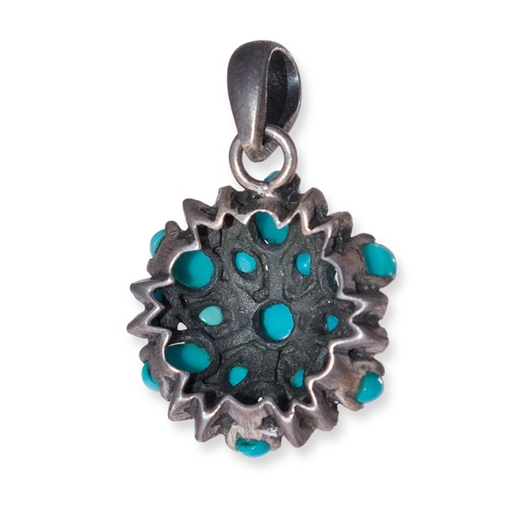 Vintage Turquoise Cluster Sterling Silver Necklace Pendant Petit Point - Picture 3 of 4